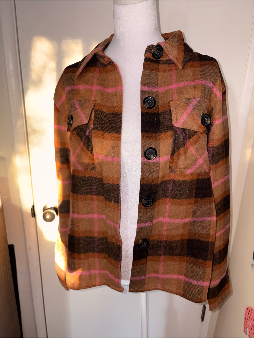Steve Madden Brown Plaid Button-Up Jacket with Pink Windowpane